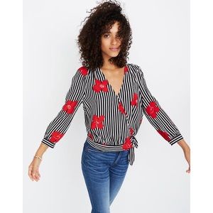 Black & White Striped Floral Wrap Top